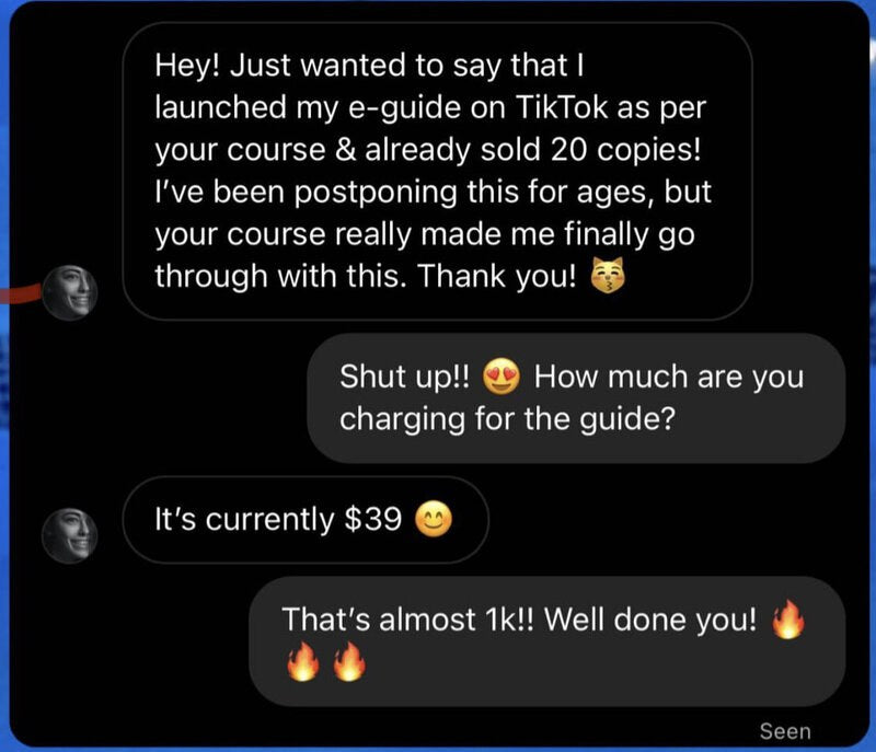 Message from a student who launched an e-guide on TikTok and sold 20 copies